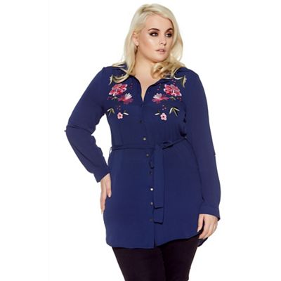 Navy and pink curve flower embroidered shirt dress